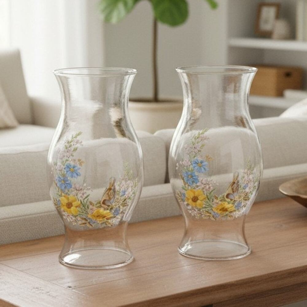 Vintage L.E. Smith Pair Bird Floral Glass Hurricane Lamp Chimney Shades 8.5
